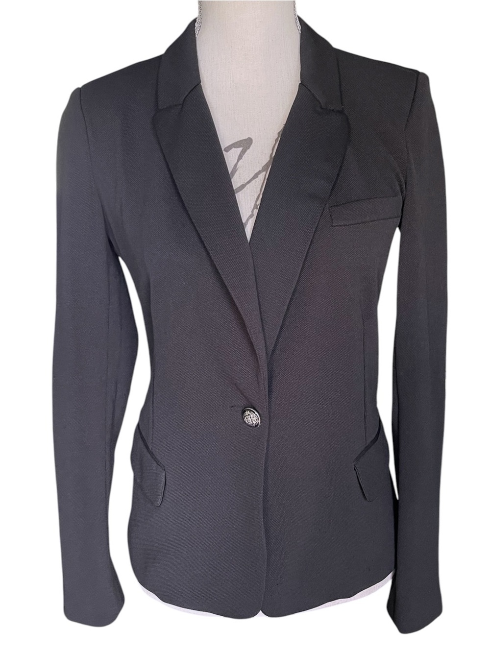 Love Tree Black with Black/White Stripe Elbows One Button Jacket Blazer (S)